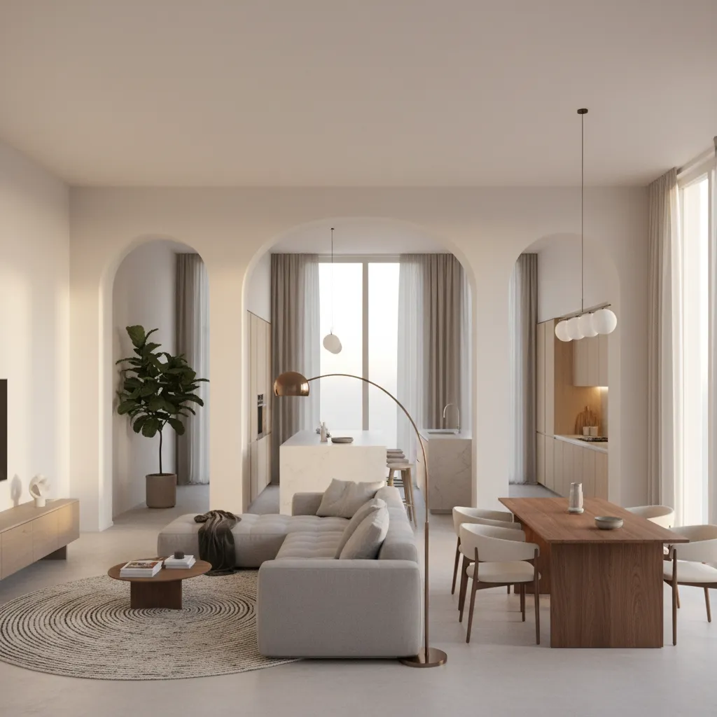 Open concept living area between two master suites in a mid size home layout