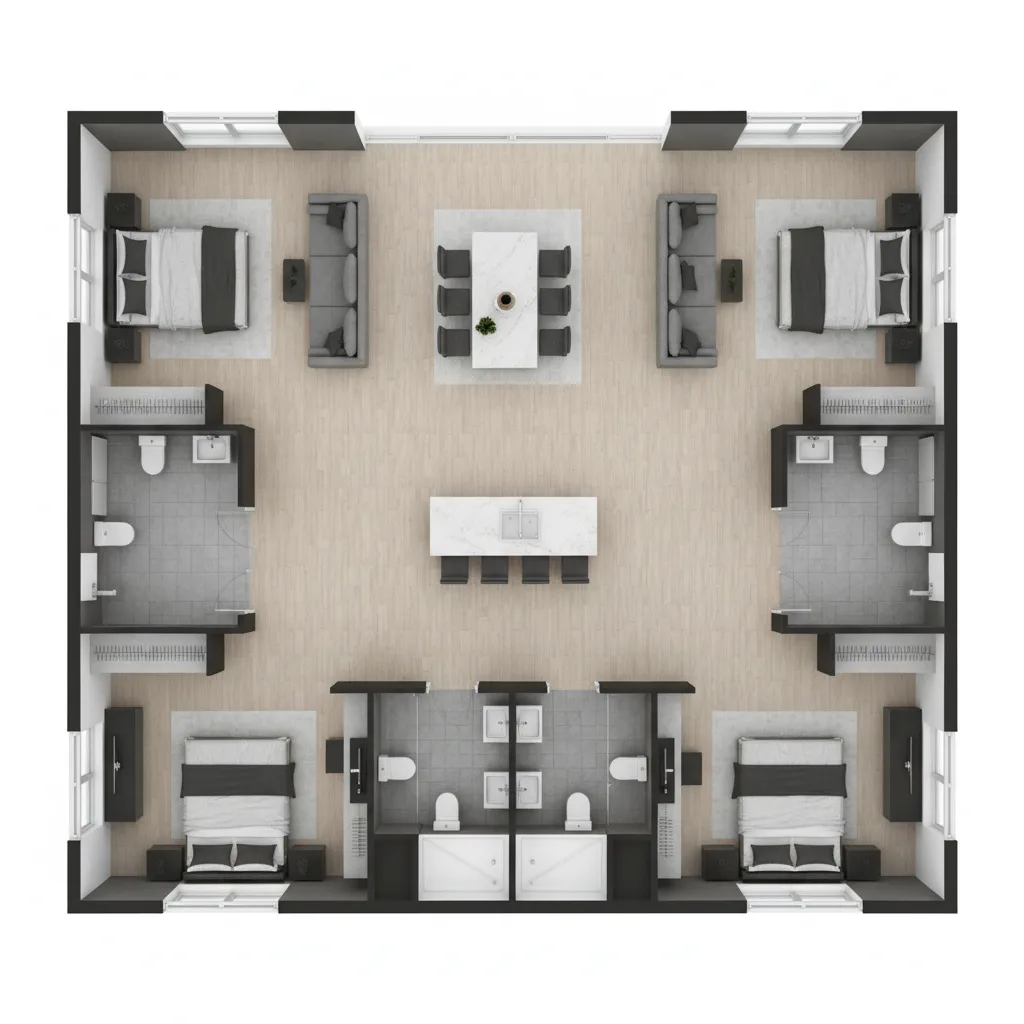 split floor plan showing two master suites on opposite sides of a home
