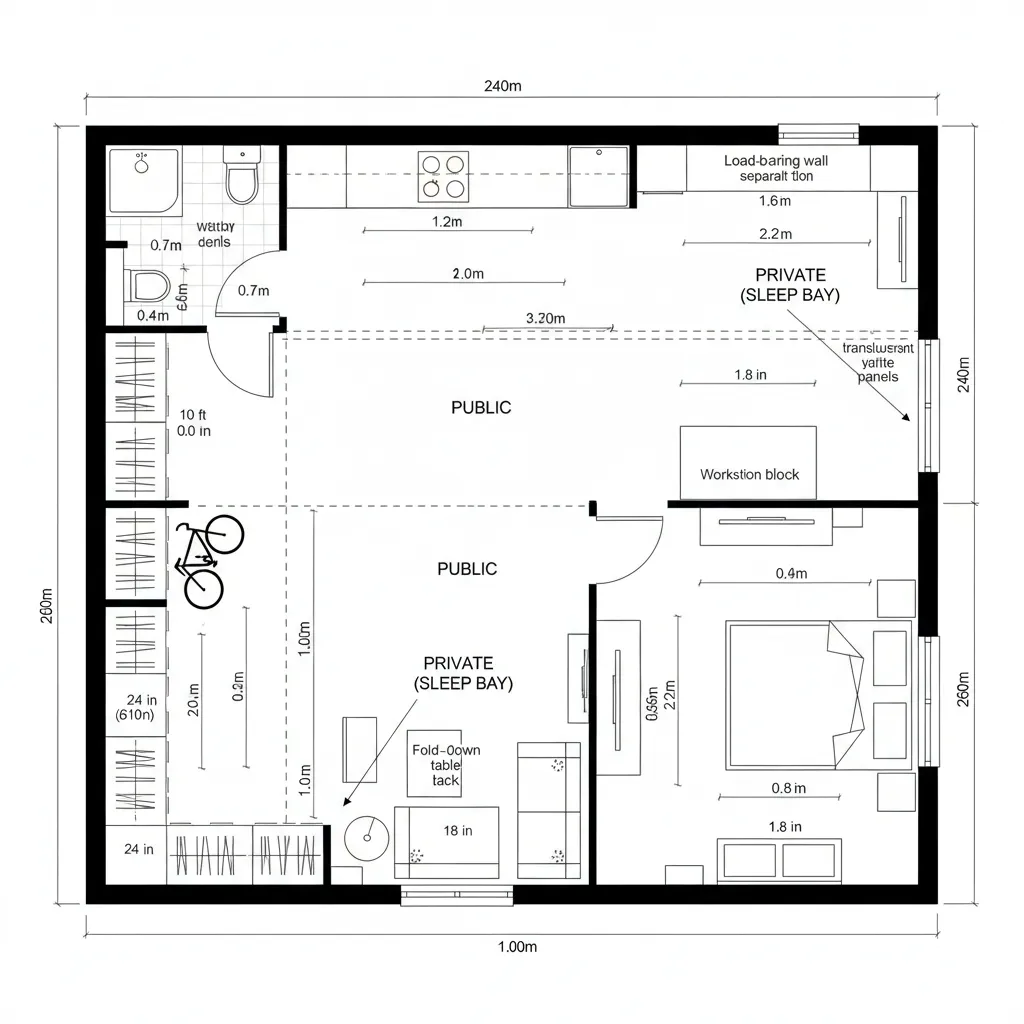 Top-down CAD plan of studio with sliding partition creating sleep bay