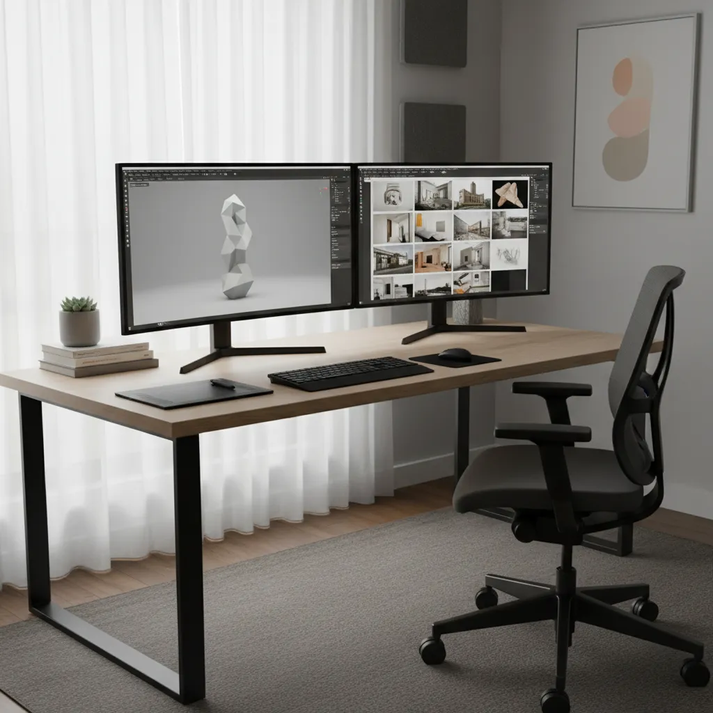 dual monitor setup with 3D modeling viewport and reference images