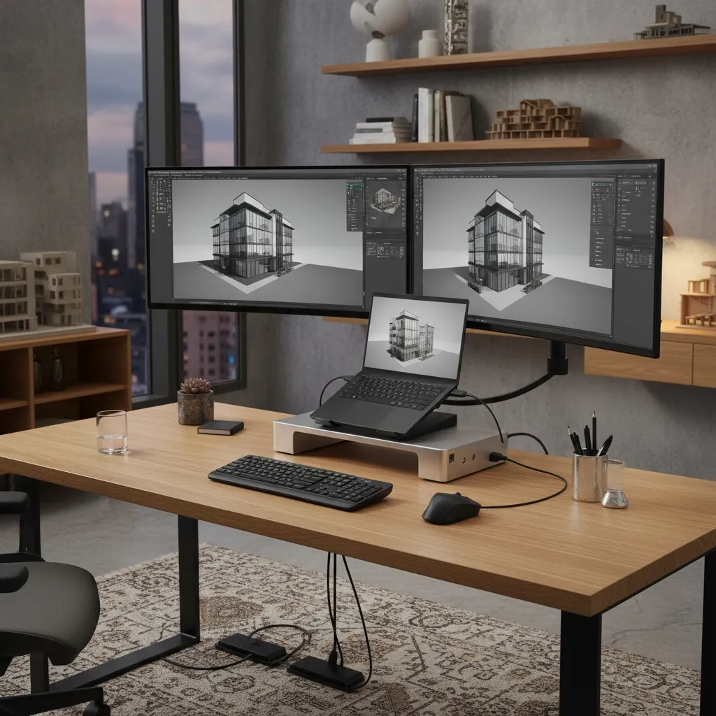 dual monitor workstation with docking station on desk