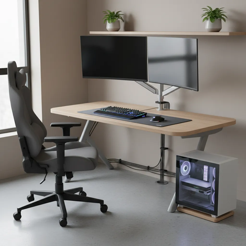 dual monitor gaming desk setup optimized for small room