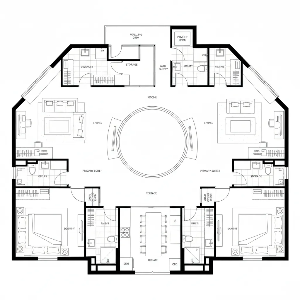 Symmetrical interior design drawing of a luxury suite with two bedrooms living areas and terrace