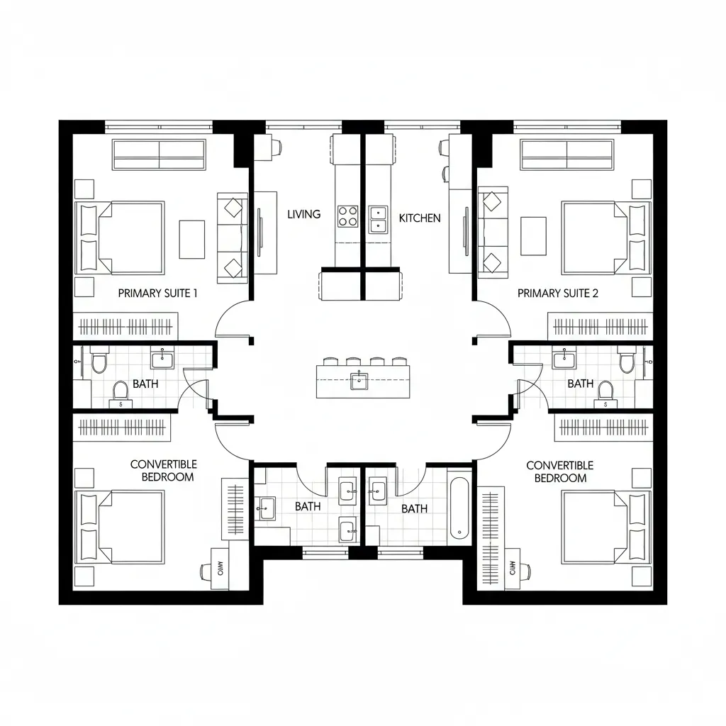 Top-down CAD plan with dual primary suites and convertible third