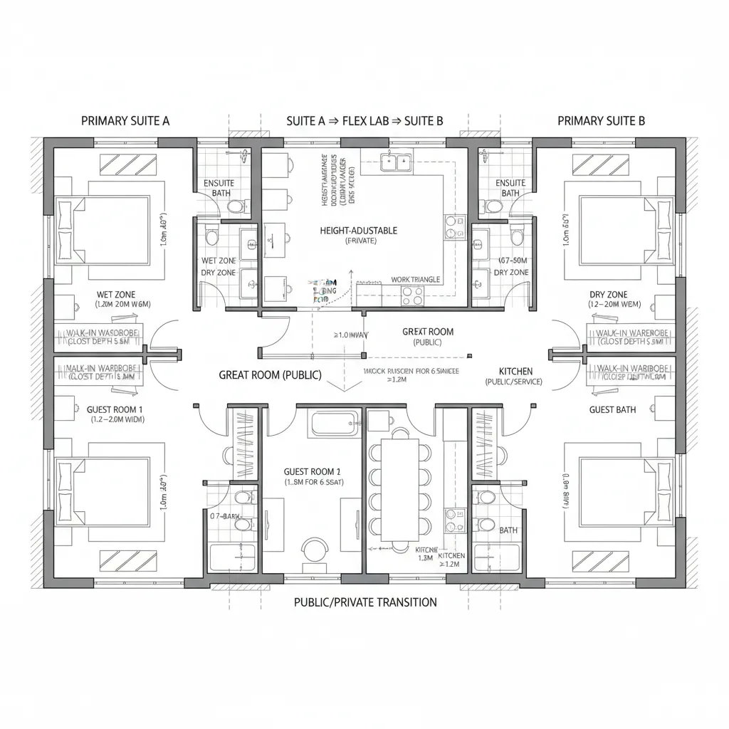 Detailed 2D room layout with multiple bedrooms bathrooms kitchen great room and a dining area
