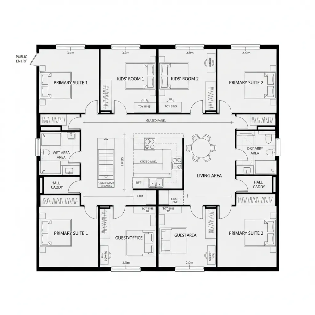Top-down CAD plan with split primary suites and a central kids’ wing
