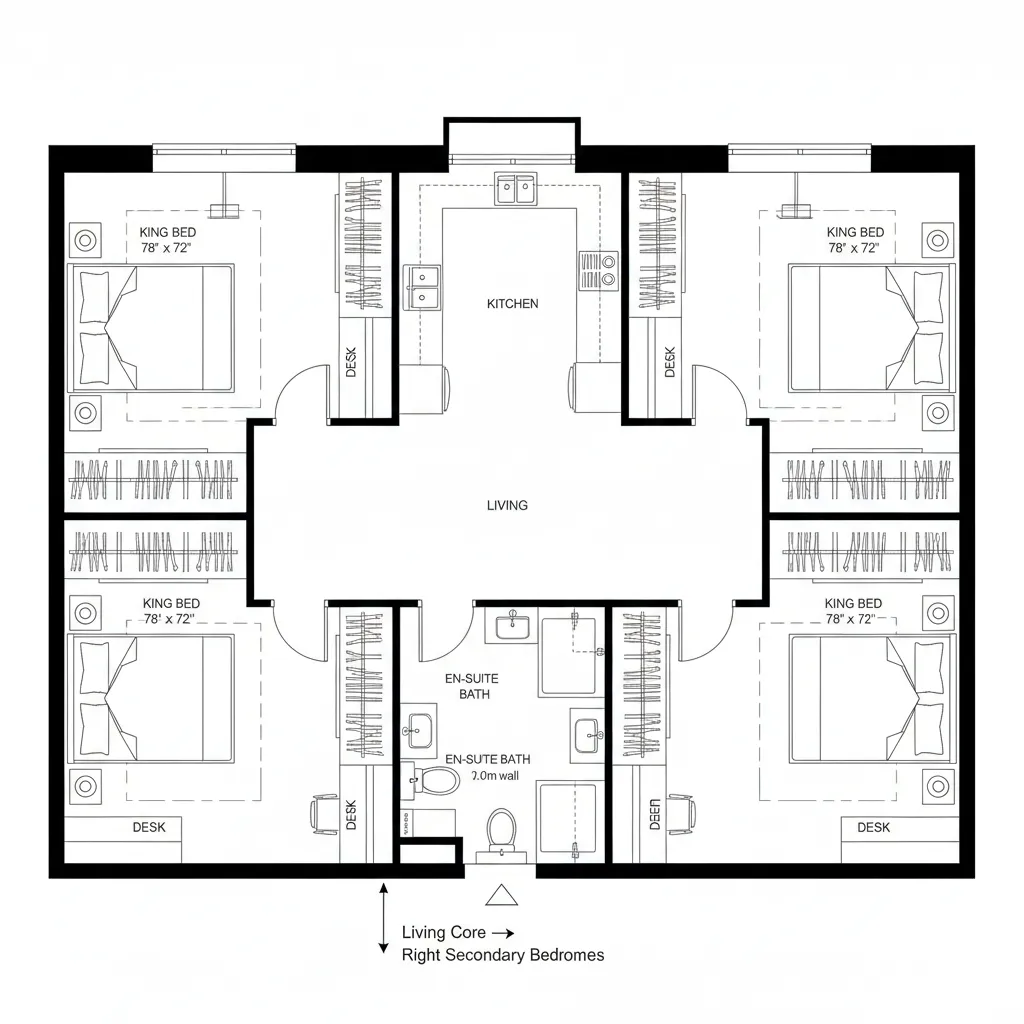 Four bedroom floor plan featuring large beds plus desks and a shared central living room area