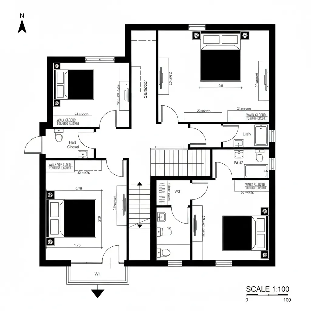 2D plan emphasizing mirrored ground and upper primary suites with shared plumbing stack