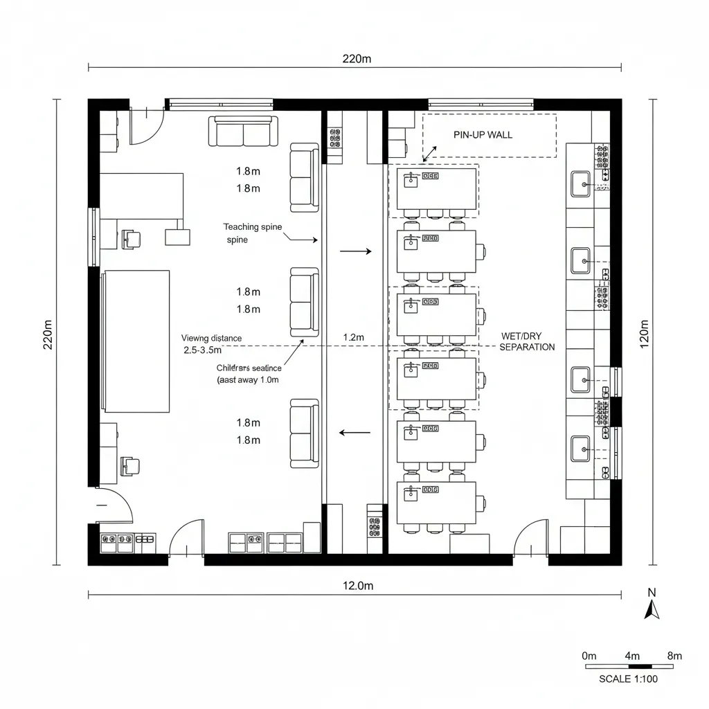 Dual-Rail Classroom: Teaching Spine + Maker Spine