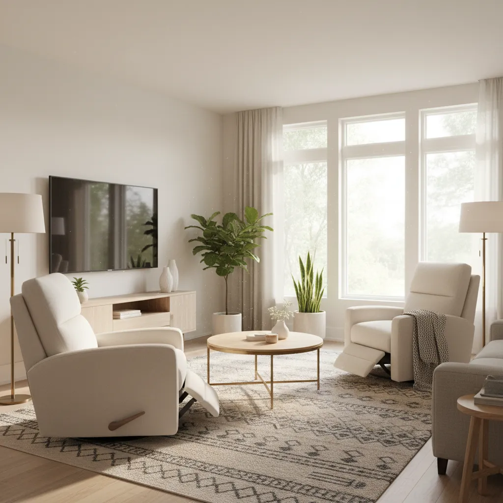 Modern living room layout with two recliner chairs and a central coffee table