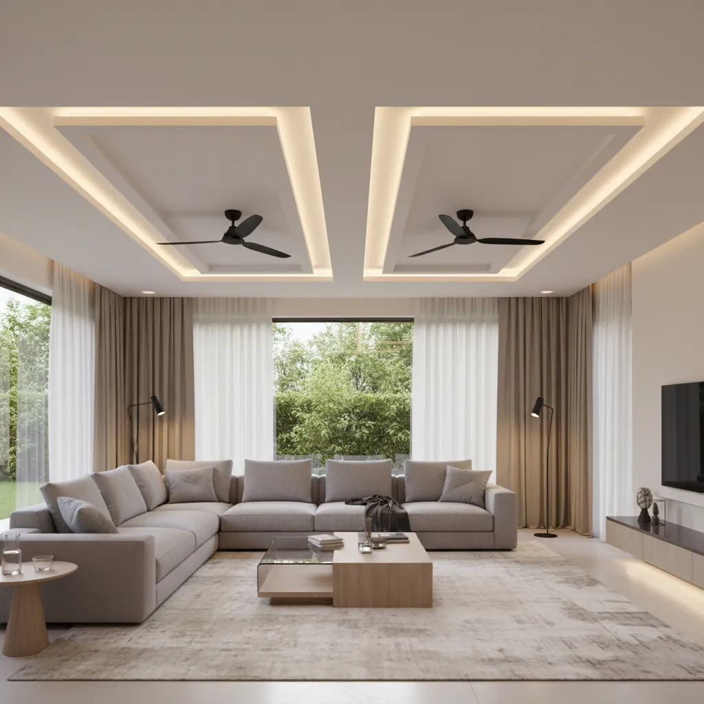 Dual rectangle POP ceiling design with two ceiling fans and LED lighting