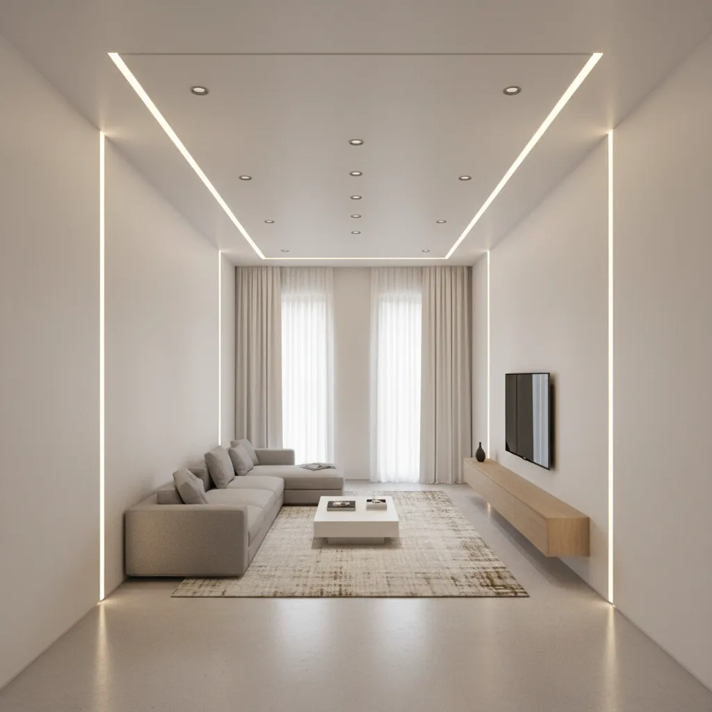 Ceiling lighting layout showing dual rows of fixtures along walls in a narrow room