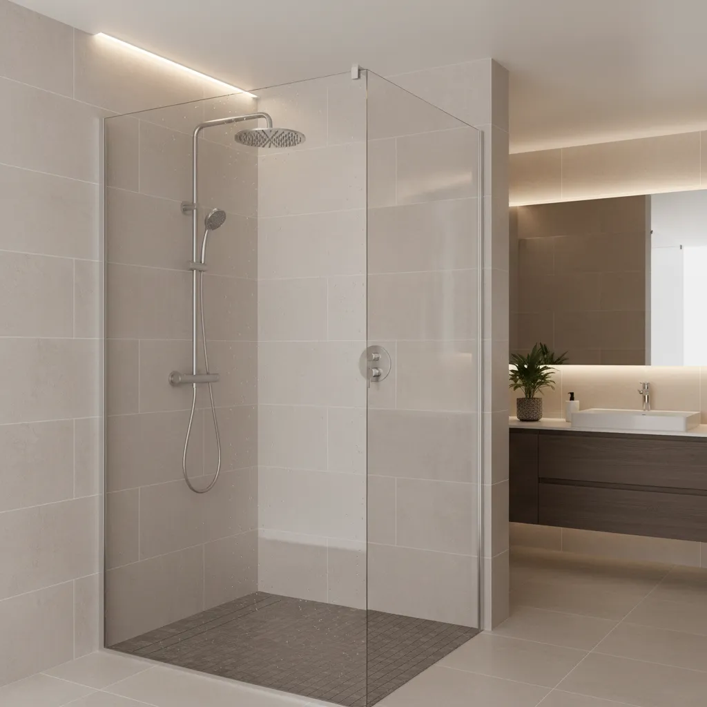 Bathroom with dual rainfall and handheld shower head system