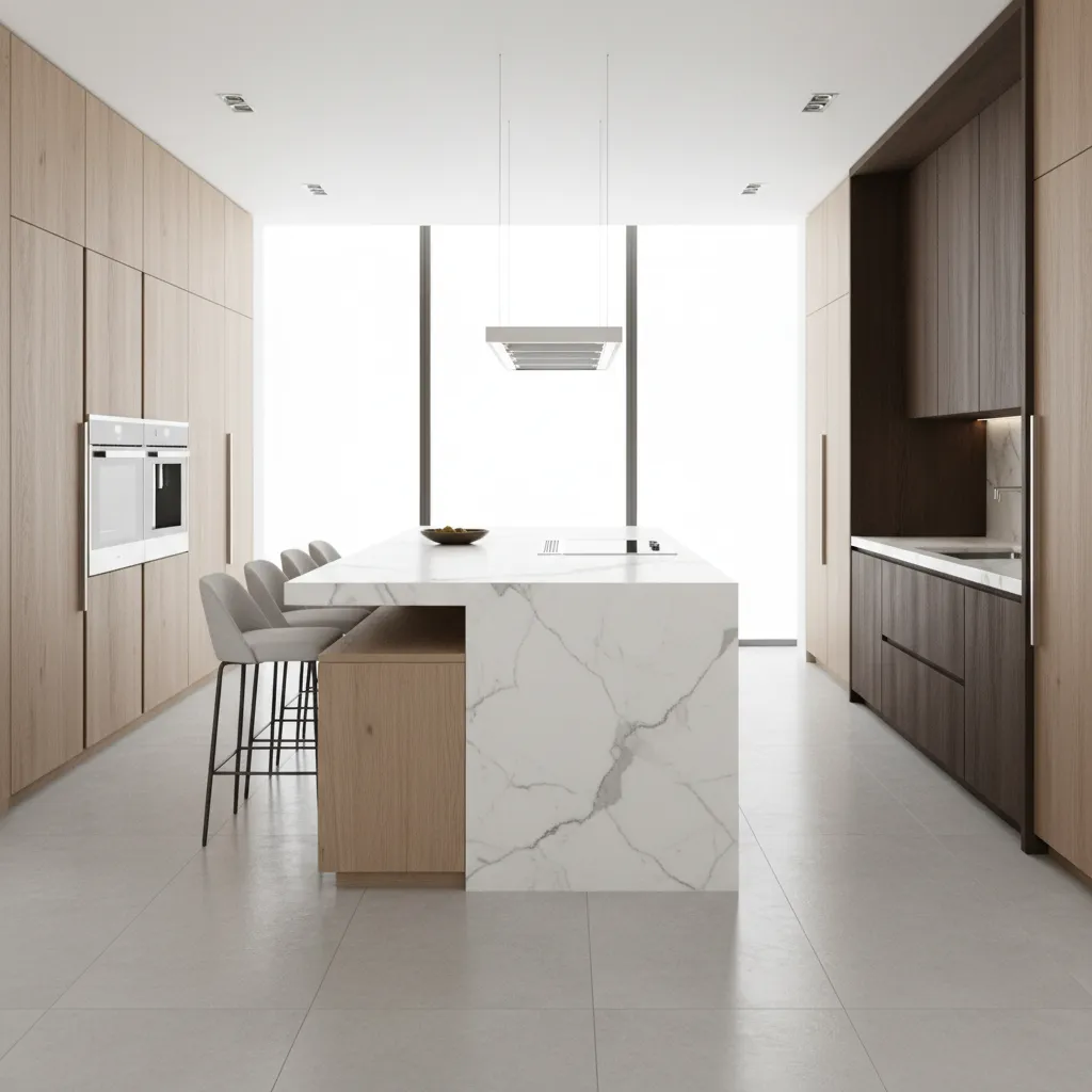 large kitchen island with storage cabinets on both sides
