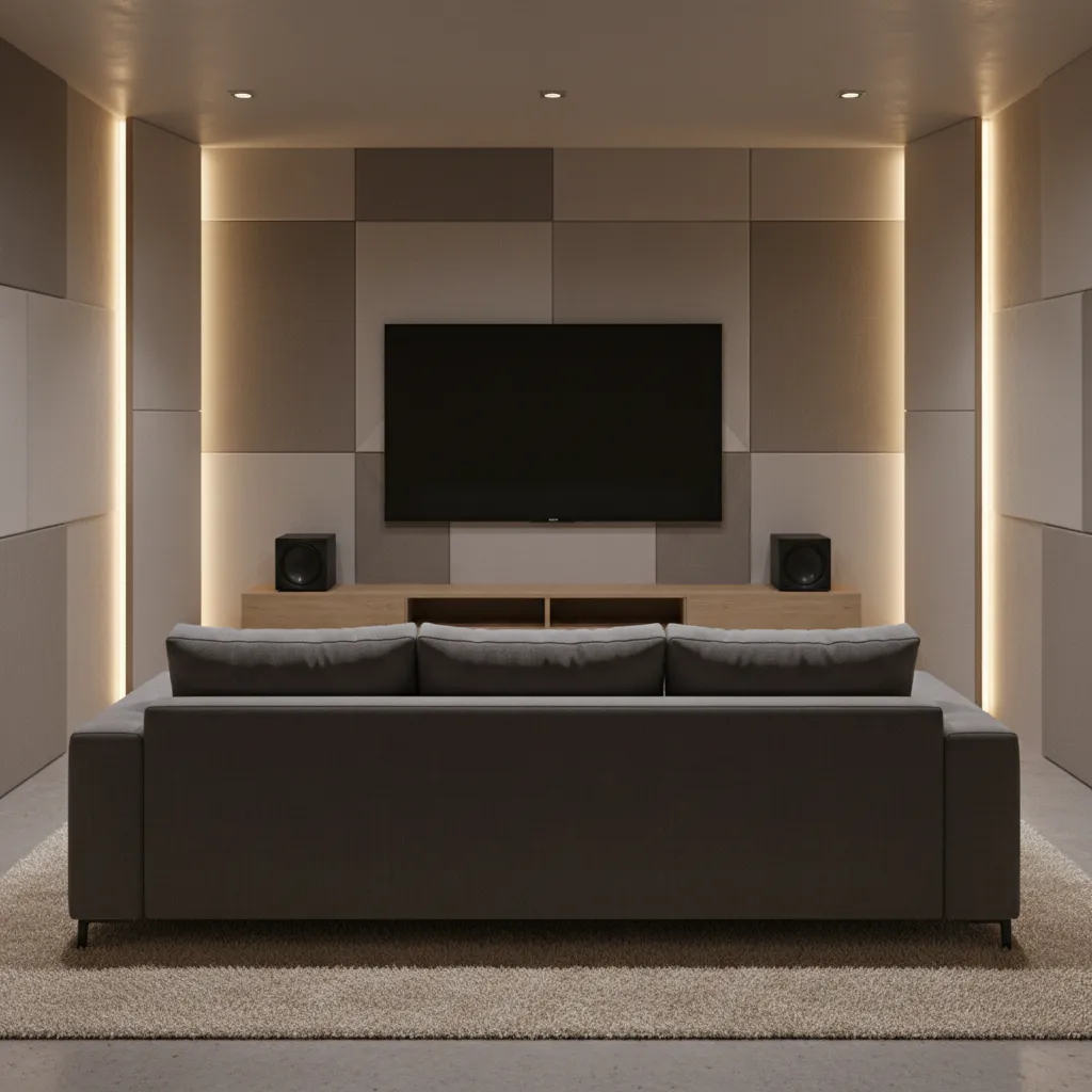 dual compact subwoofers placed symmetrically in a small home theater room