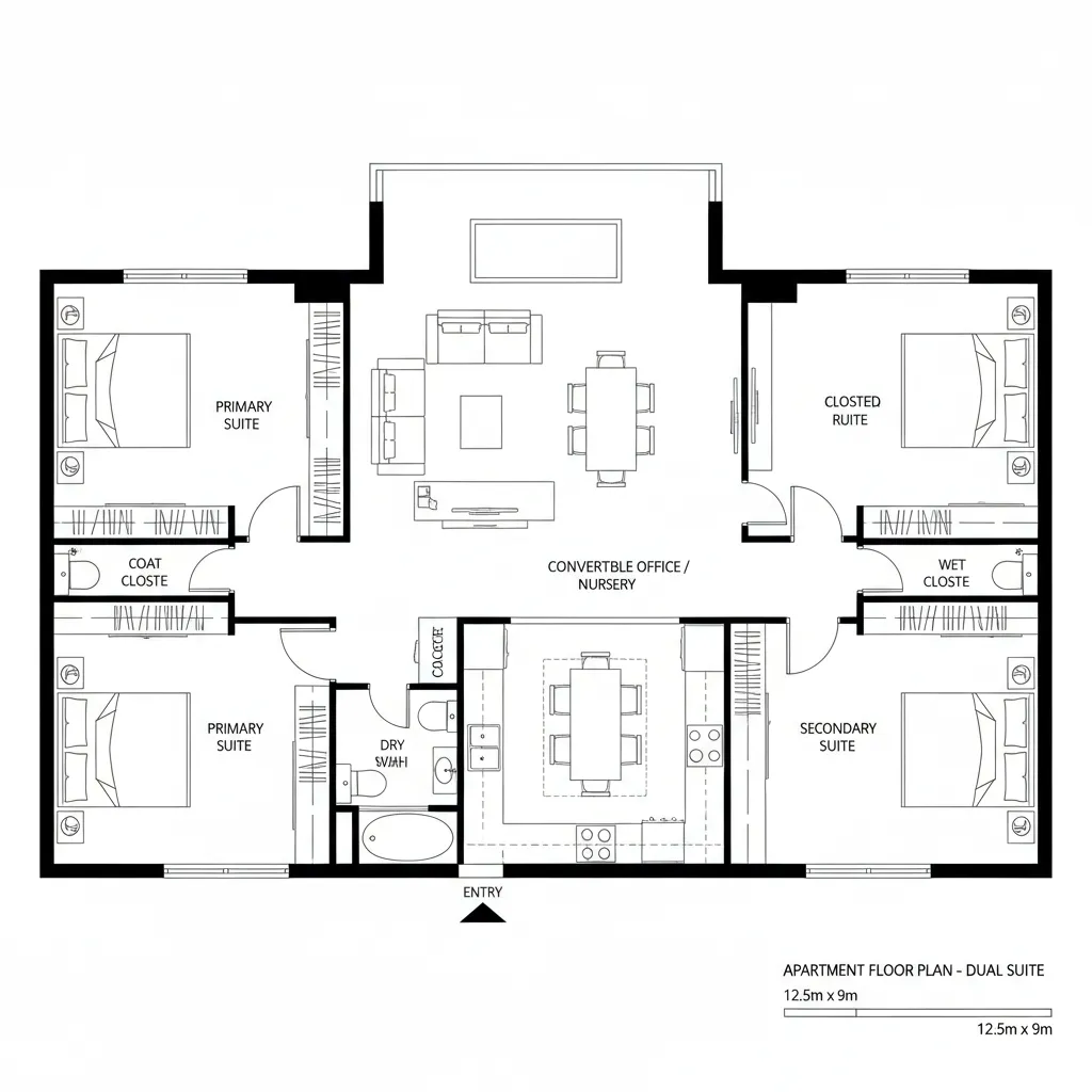 Dual-Suite Plan with Convertible Office Bay