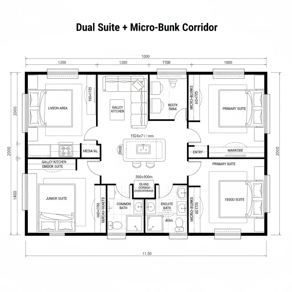 Top-down plan with front junior suite, corridor micro-bunks, central island, and rear primary suite