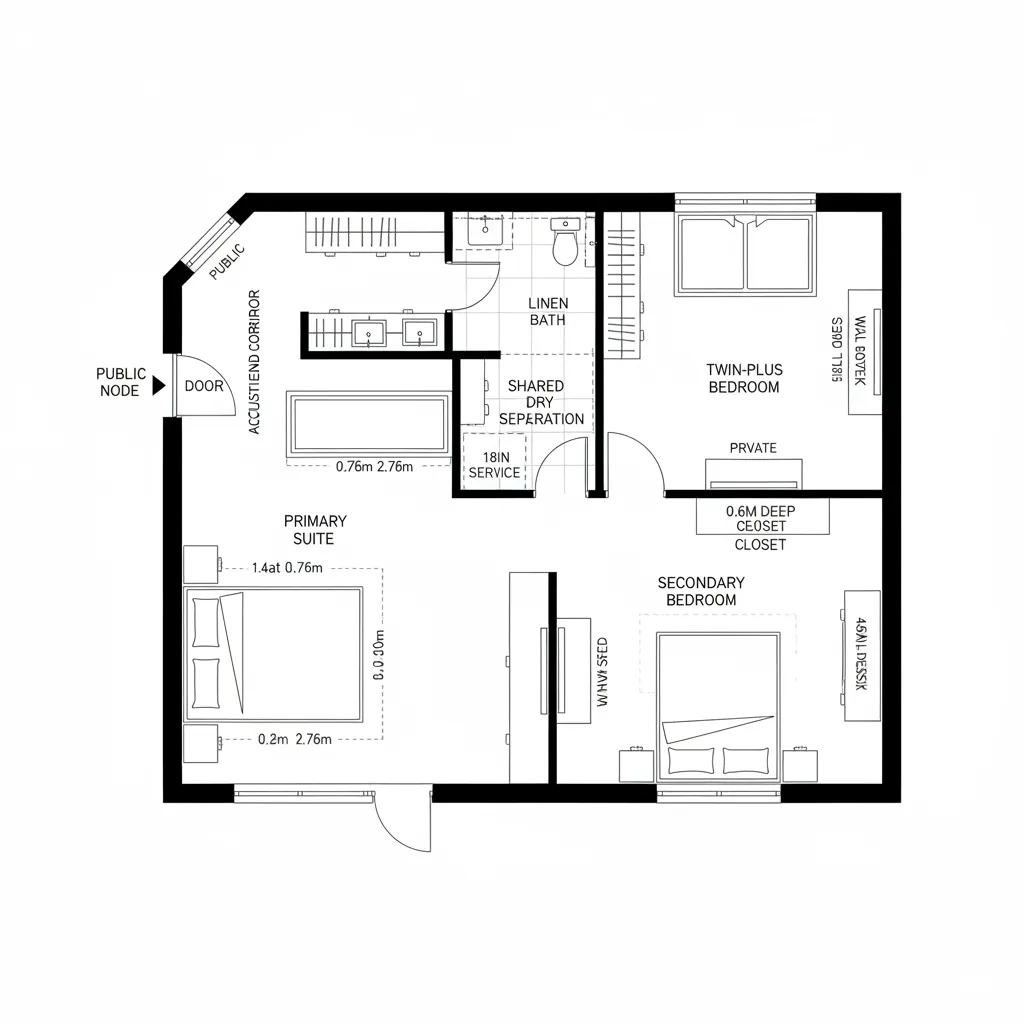 Top-down CAD plan with acoustic bend corridor and protected bedroom stack
