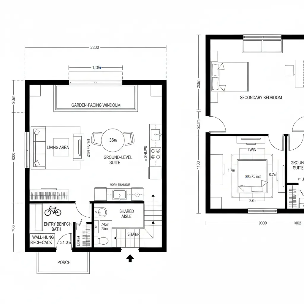 CAD plan with ground-floor pocket suite, shared bath, and living/kitchen ring
