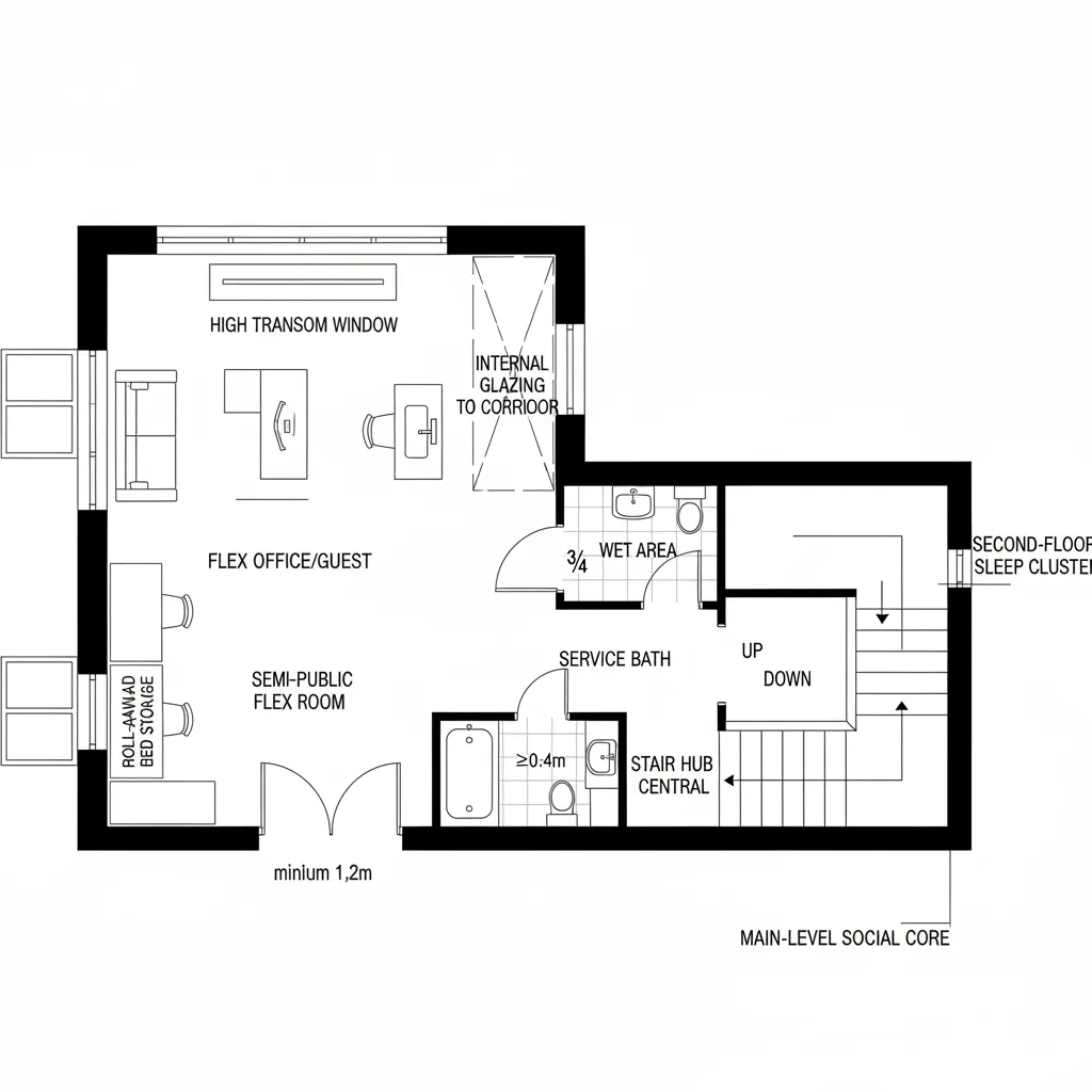 Top-down CAD plan of a dual-use front room beside a central stair and nearby guest bath