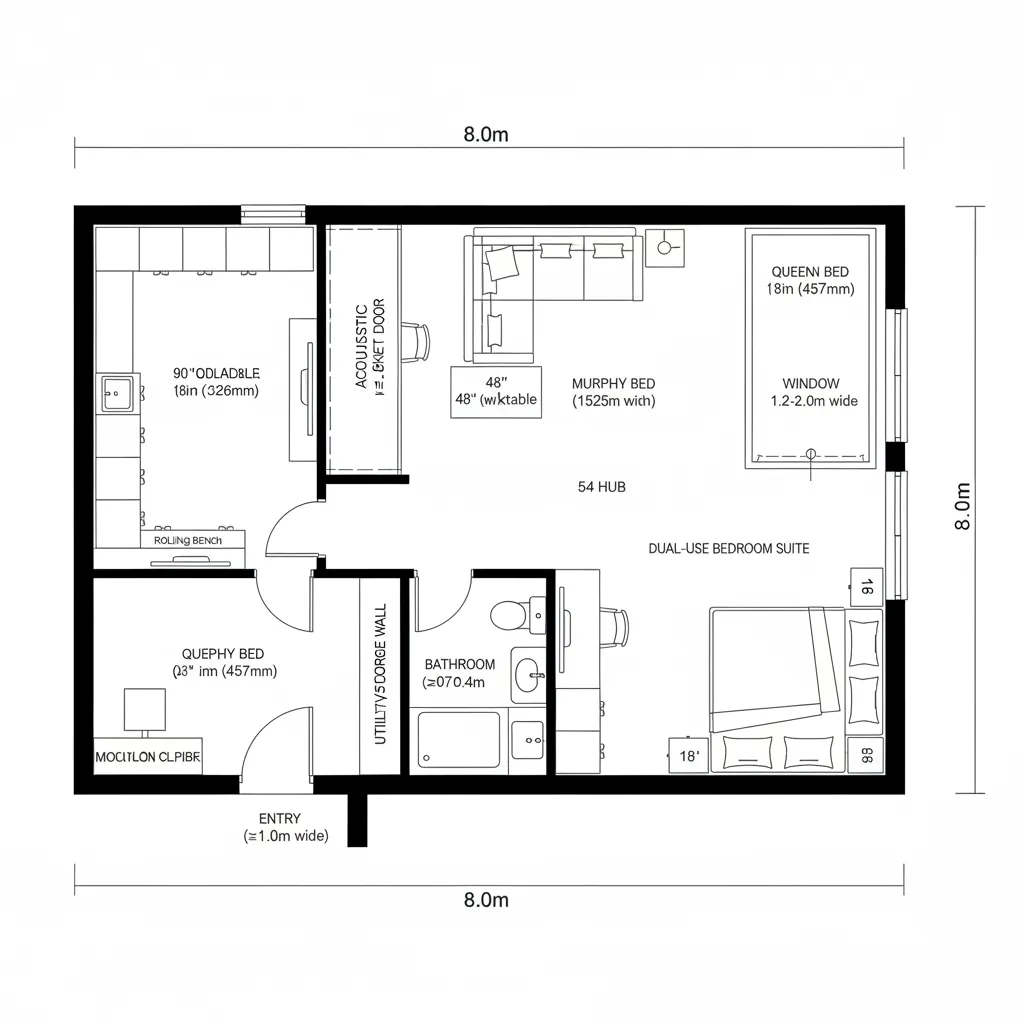 Interior design drawing showing a small studio layout with two beds, kitchen, bathroom, and storage
