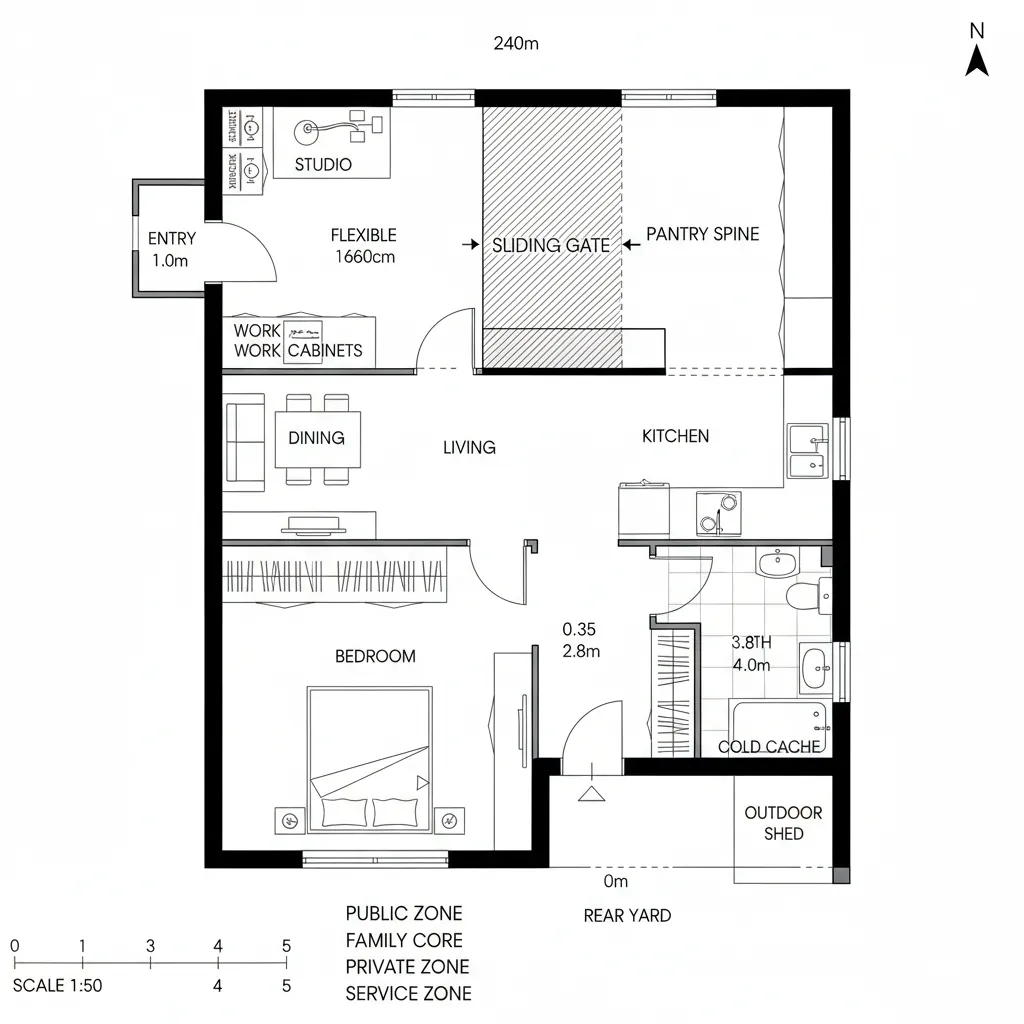 Front-back dual-use plan with street studio and rear domestic core