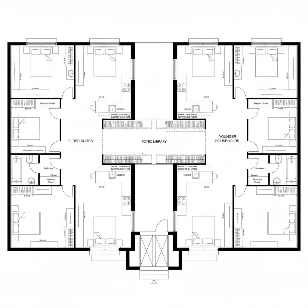 Detailed 2D floor plan layout with multiple bedrooms, bathrooms, study desks, and a central library