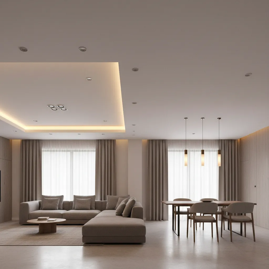Dual zone ceiling design dividing seating and dining areas