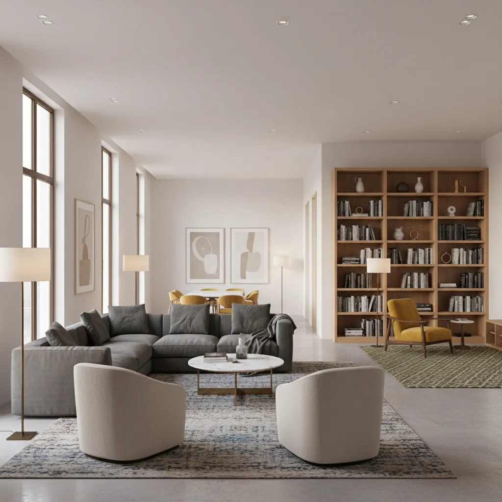 Dual-zone layout dividing a rectangular living room into seating and reading areas
