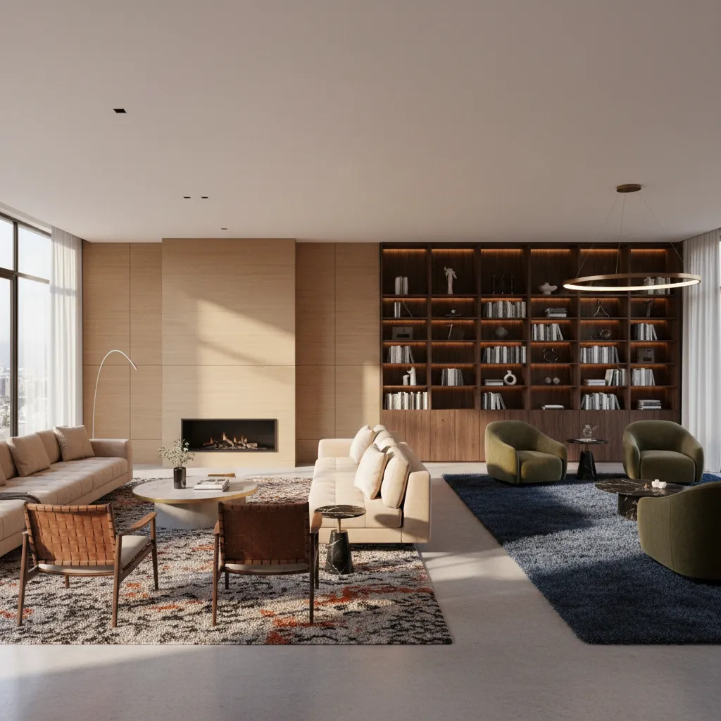 Dual seating zone layout in a long rectangular living room