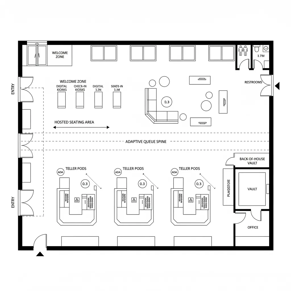 Top-down CAD plan of dual-zone bank lobby with adaptive queue spine