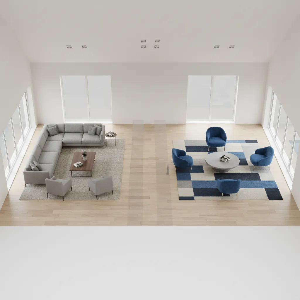 Dual-zone layout plan for a large square living room