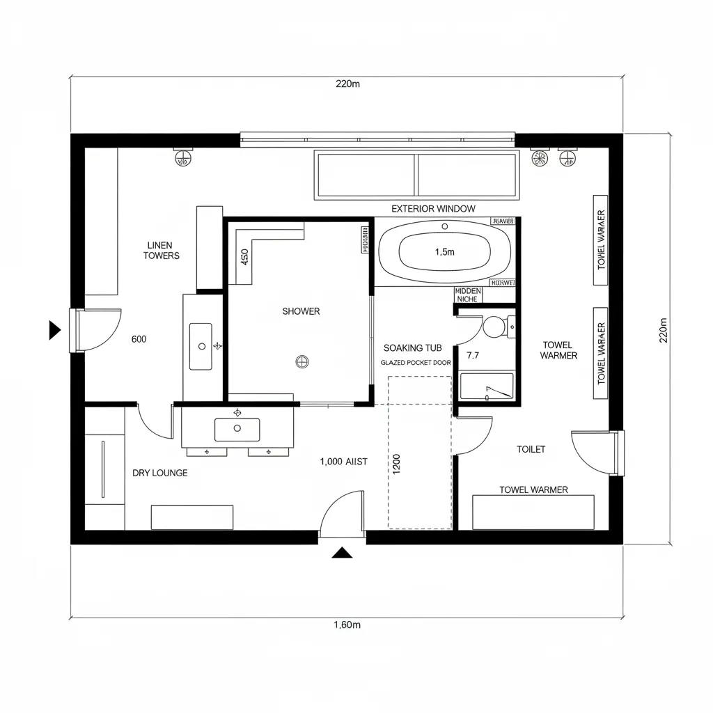 Detailed bathroom floor plan showing shower area soaking tub toilet dry lounge and two separate sinks