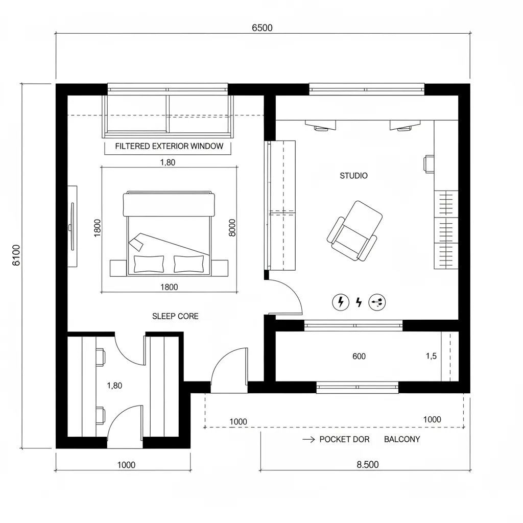 Floor plan showing a studio apartment layout with a bed area and a desk workspace