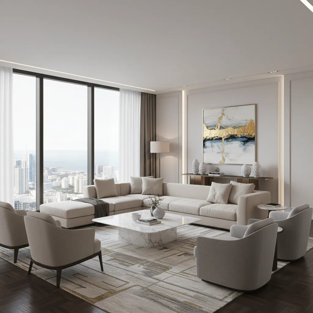 Professional living room interior 3D render used in Dubai property marketing