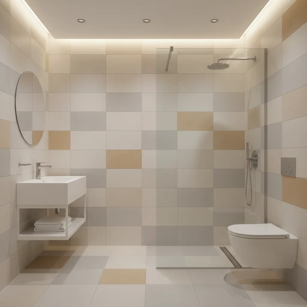 Ducha abierta con mampara de vidrio en baño pequeño