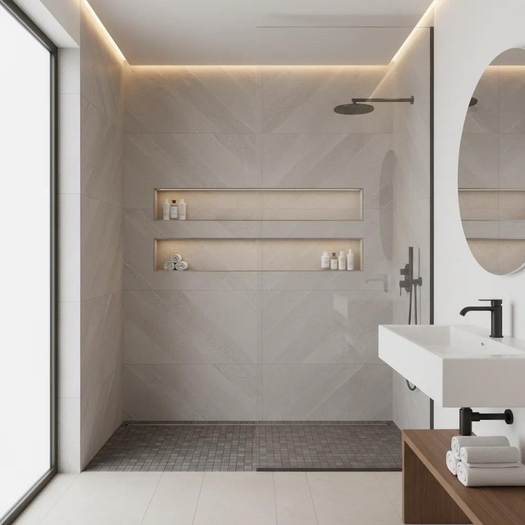 Modern shower area with two lit wall niches grey tiles black shower head and sink