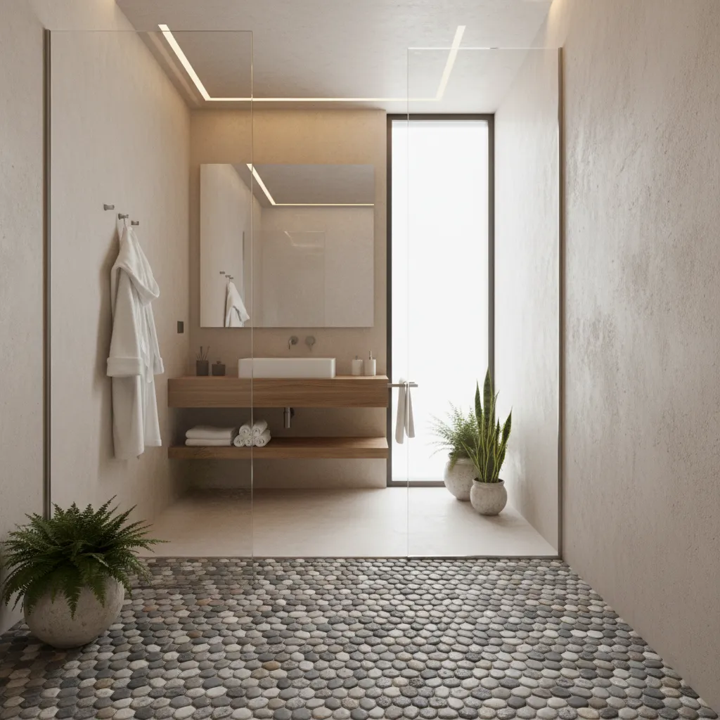 suelo de ducha estilo spa con piedras de río naturales