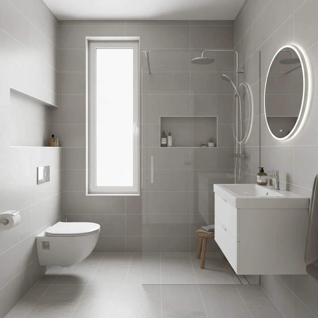 Ducha con mampara de vidrio transparente en baño pequeño