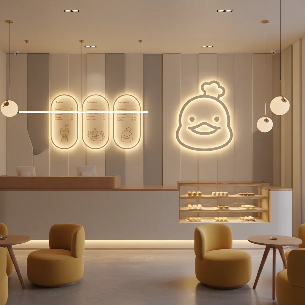 Cafe service counter with duck inspired branding and rounded furniture