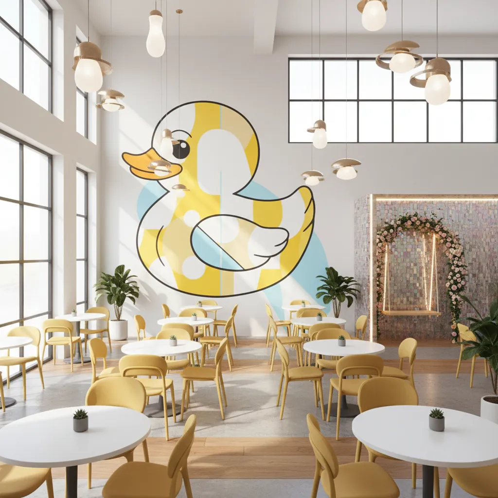 Cafe interior with duck mural and yellow seating designed for social media photos