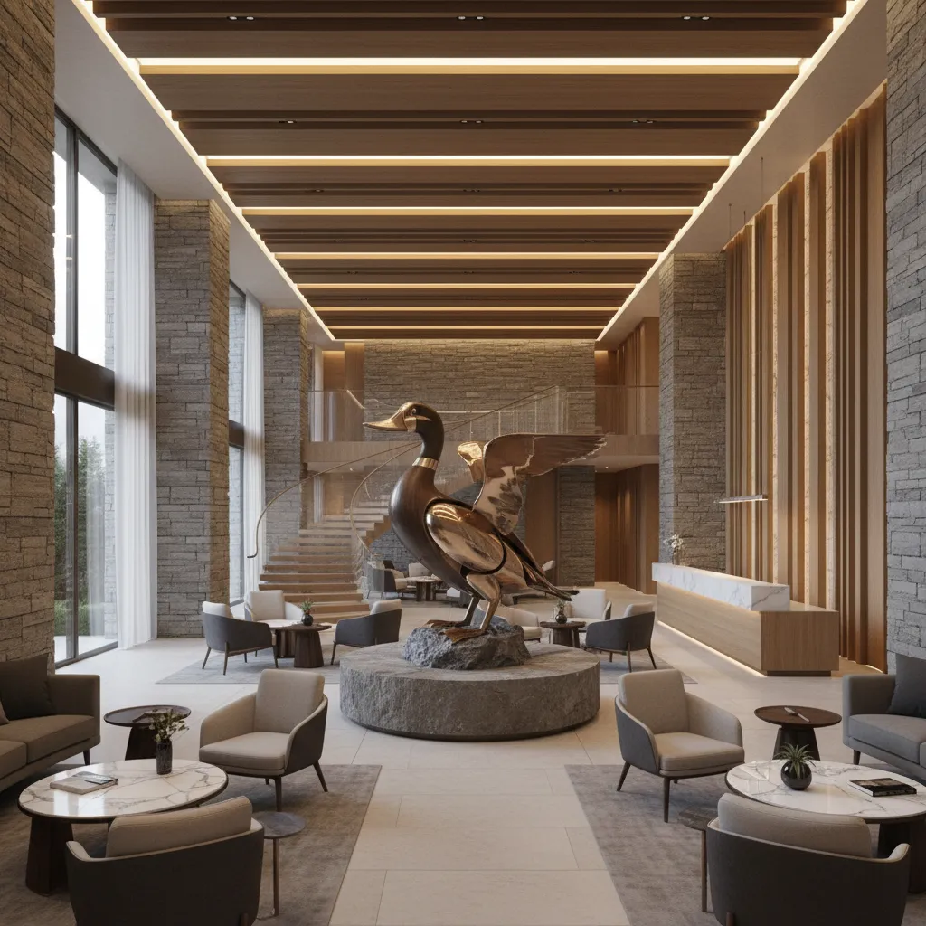 Boutique hotel lobby with abstract duck sculpture and modern lighting