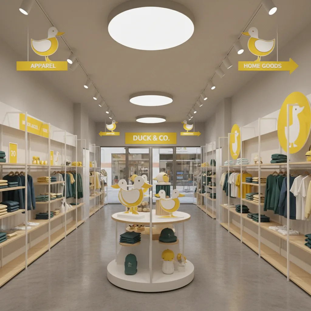 Retail store display using duck icons and yellow signage to highlight products