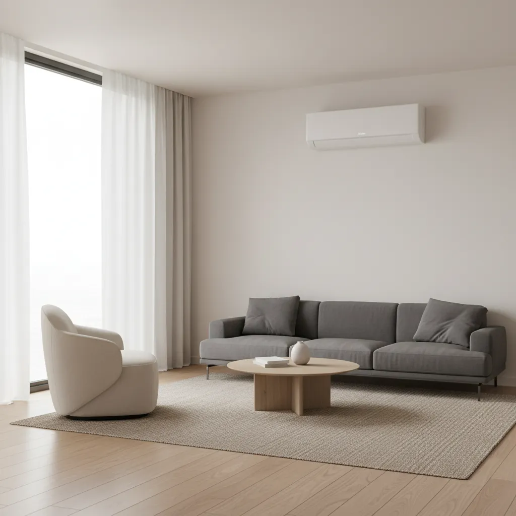Wall mounted ductless mini split cooling a modern living room