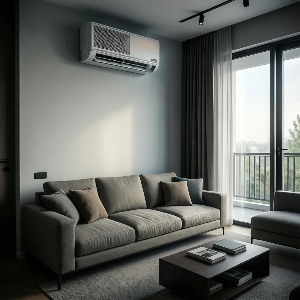 Ductless mini split wall unit installed in modern living room interior