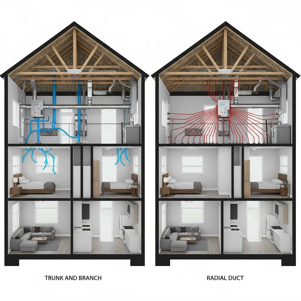 Side by side airflow visualization comparing trunk and branch and radial duct systems
