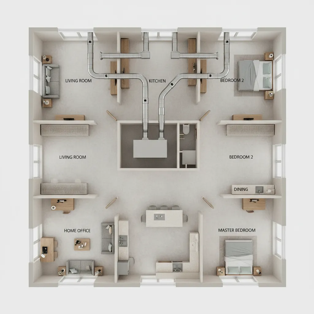 Floor plan showing HVAC duct routing paths across different rooms