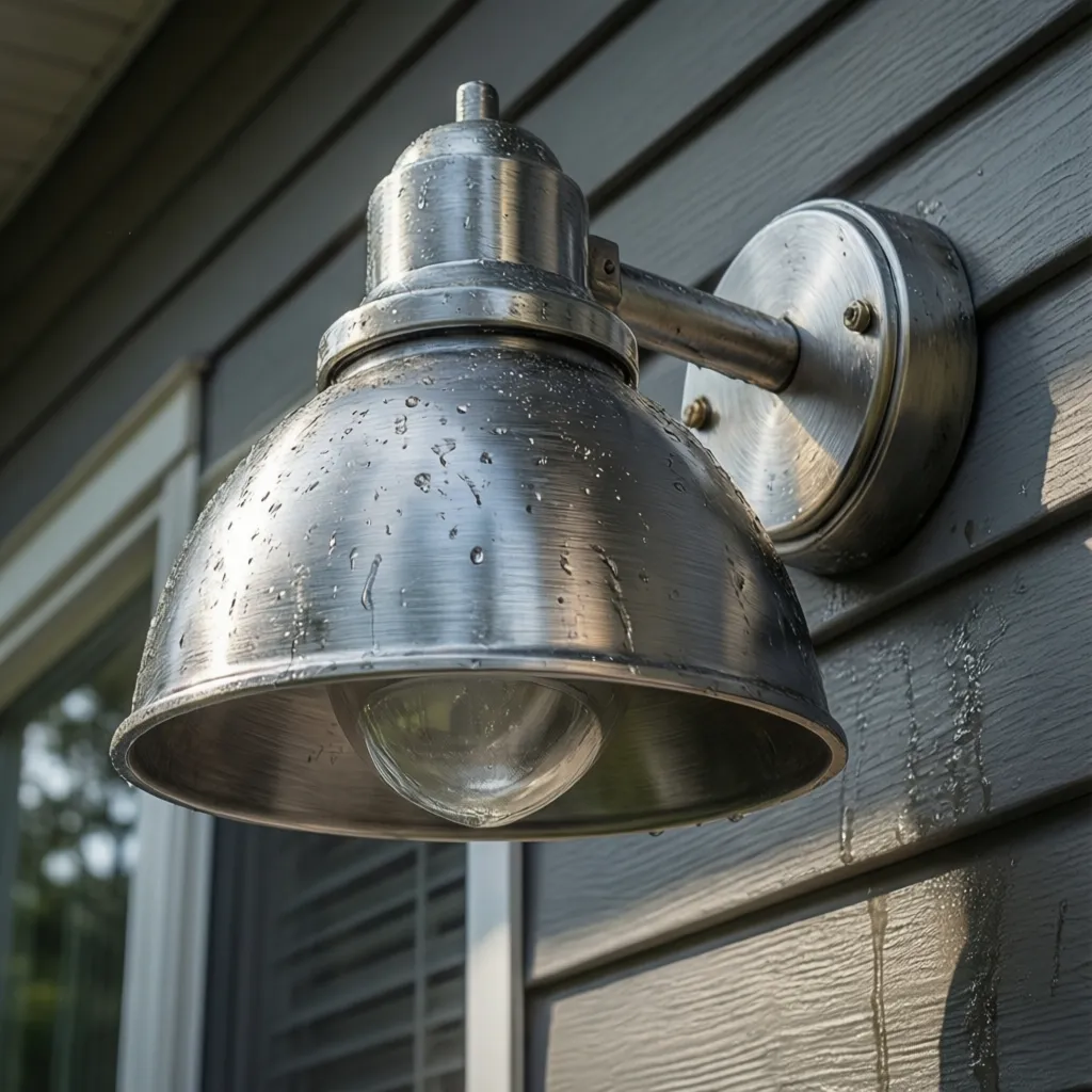 Brushed nickel outdoor wall light with visible water spots and dull finish