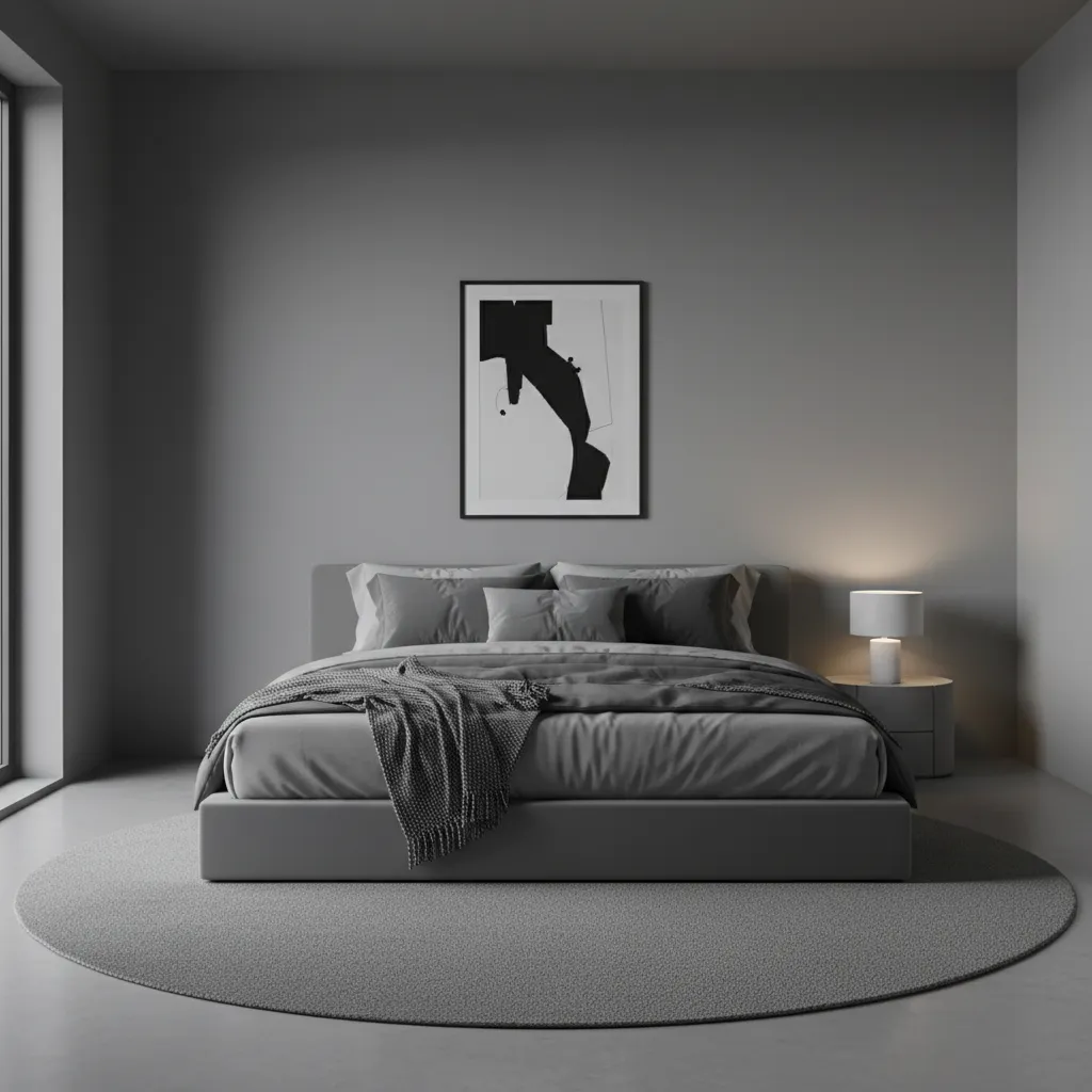 Grey bed frame bedroom that looks flat with matching grey bedding and walls