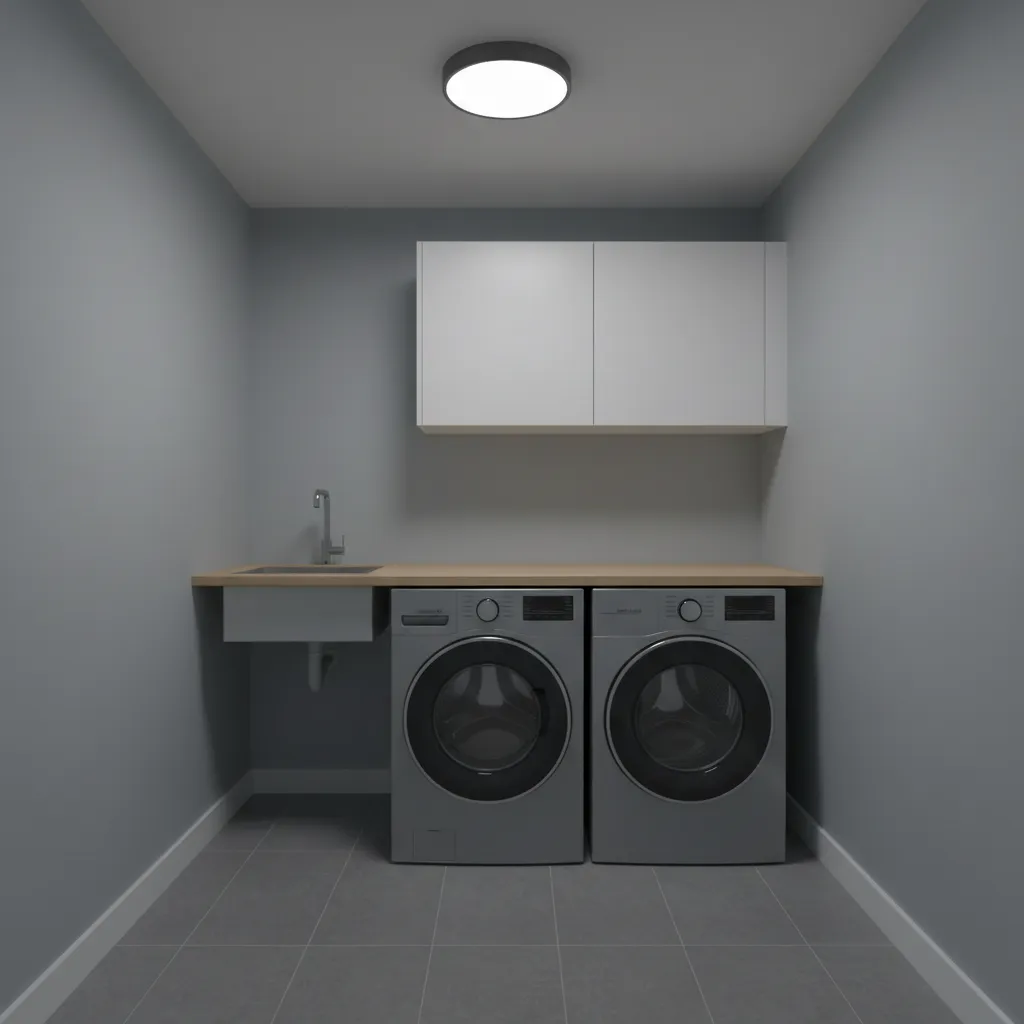 Laundry room with grey washer and dryer appearing dull due to flat overhead lighting